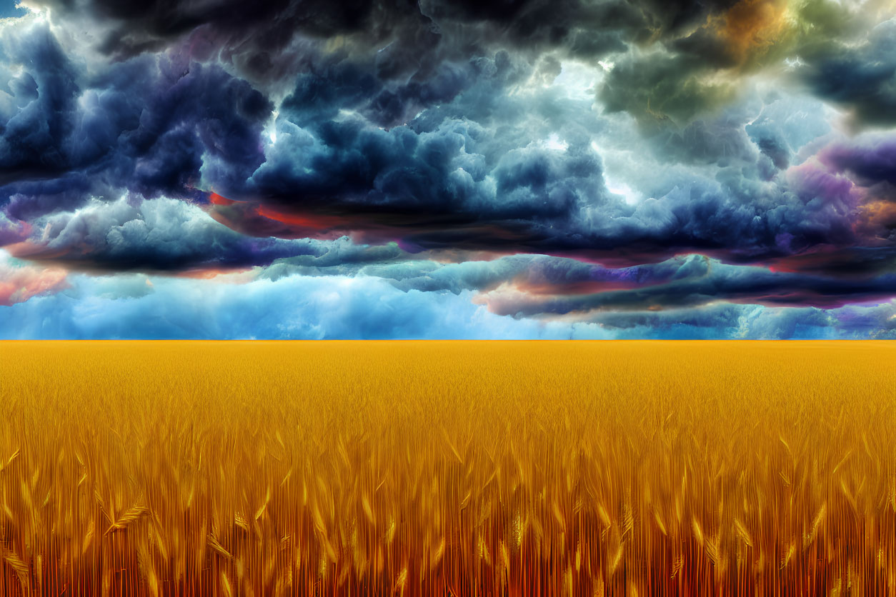 Golden Wheat Field Under Multicolored Storm Clouds