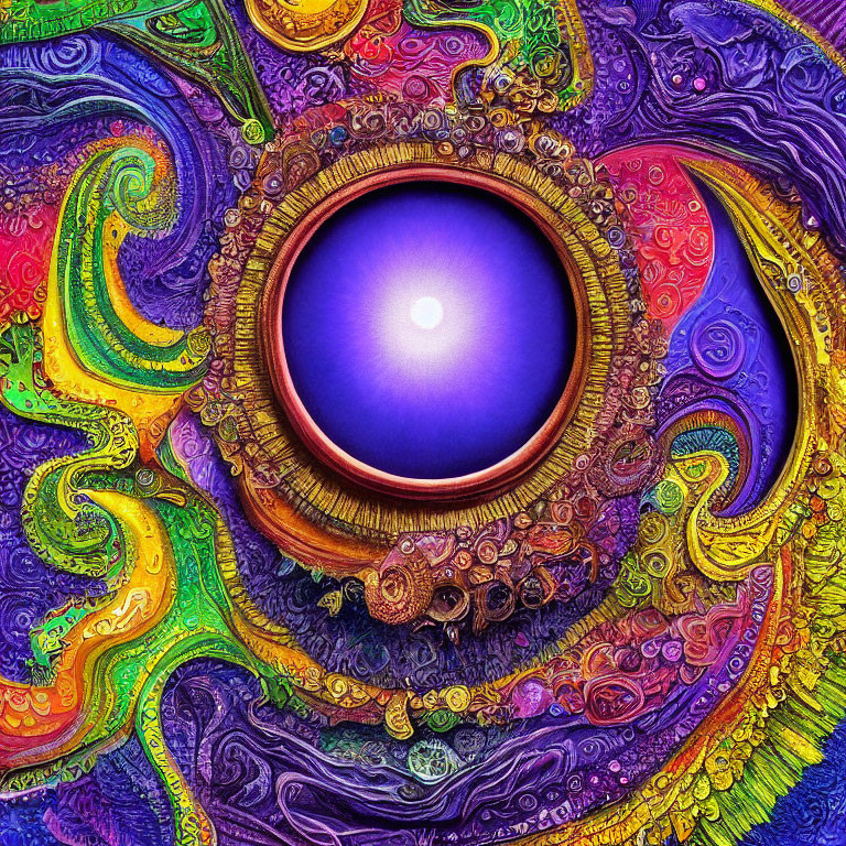 Colorful Abstract Art: Purple Orb Surrounded by Psychedelic Patterns