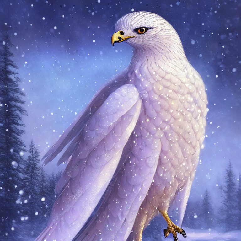 White-feathered eagle in snowy forest with falling snowflakes