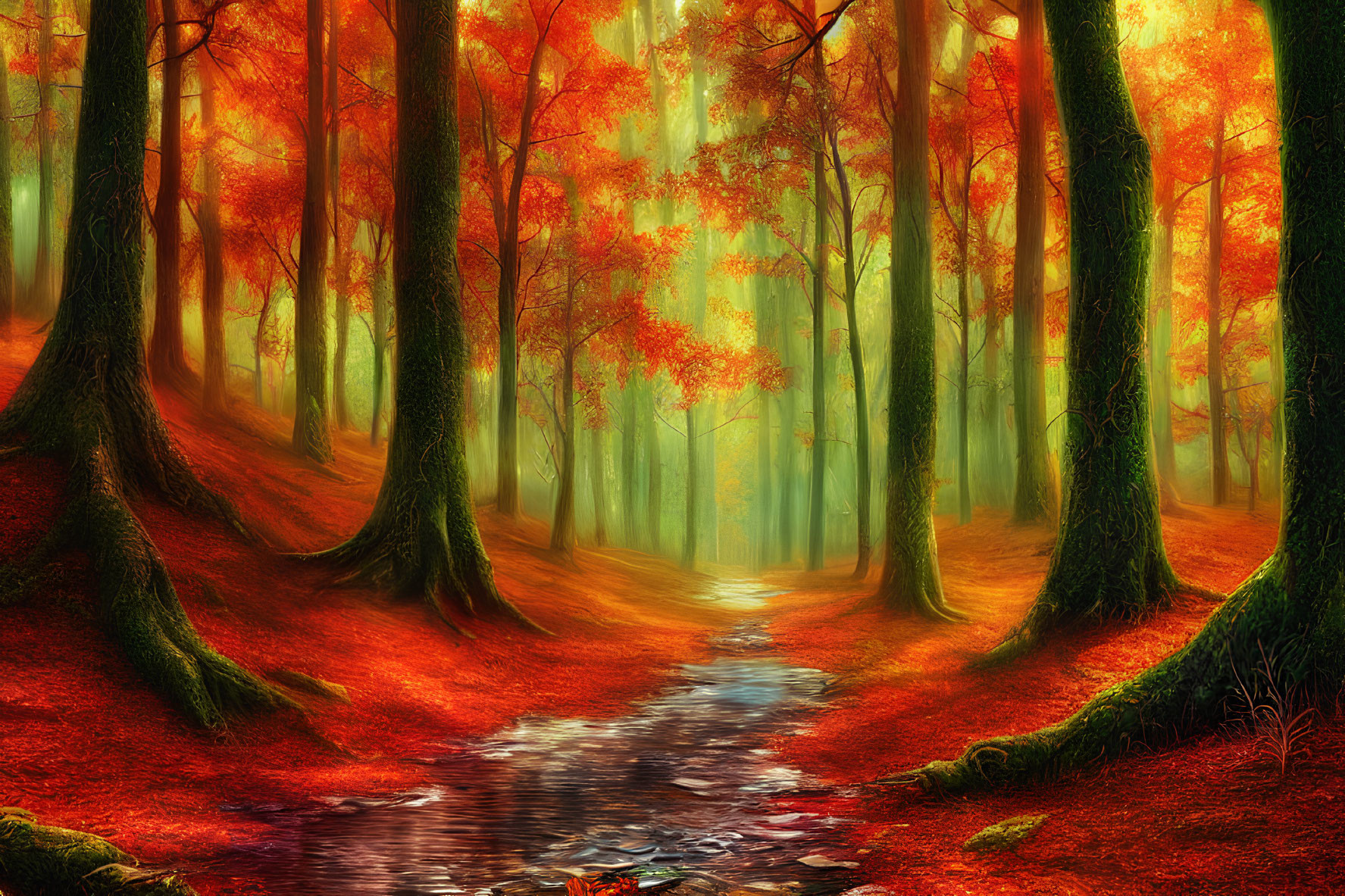 Tranquil autumn forest with red leaves, tall trees, and stream