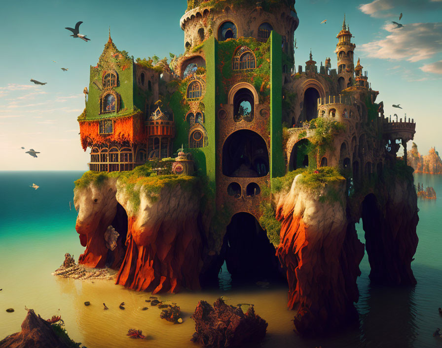 Cliffside castle with towers and arches by the sea