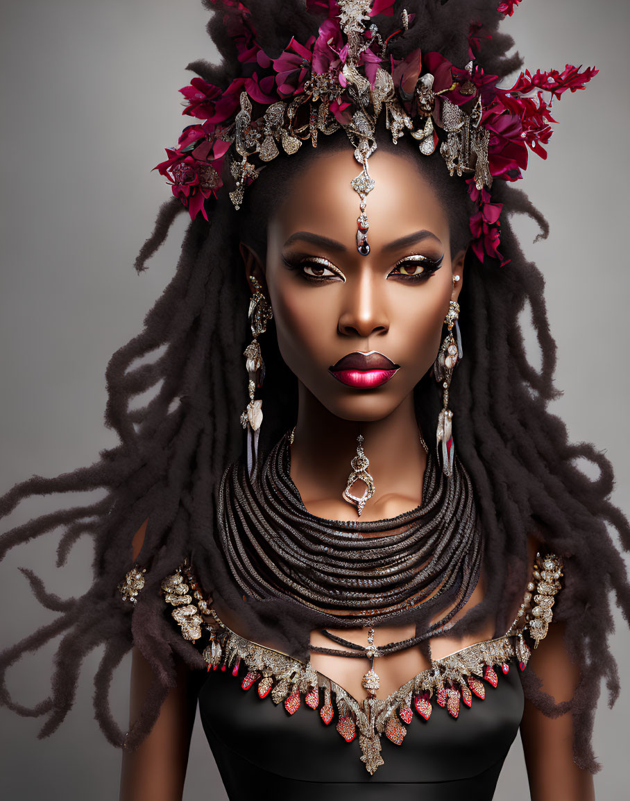 Woman with Striking Makeup and Elaborate Headdress with Red Flowers and Feathers