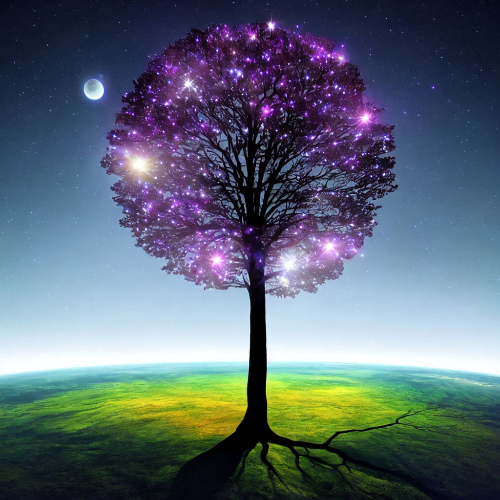 Vibrant purple tree under crescent moon in starry sky.