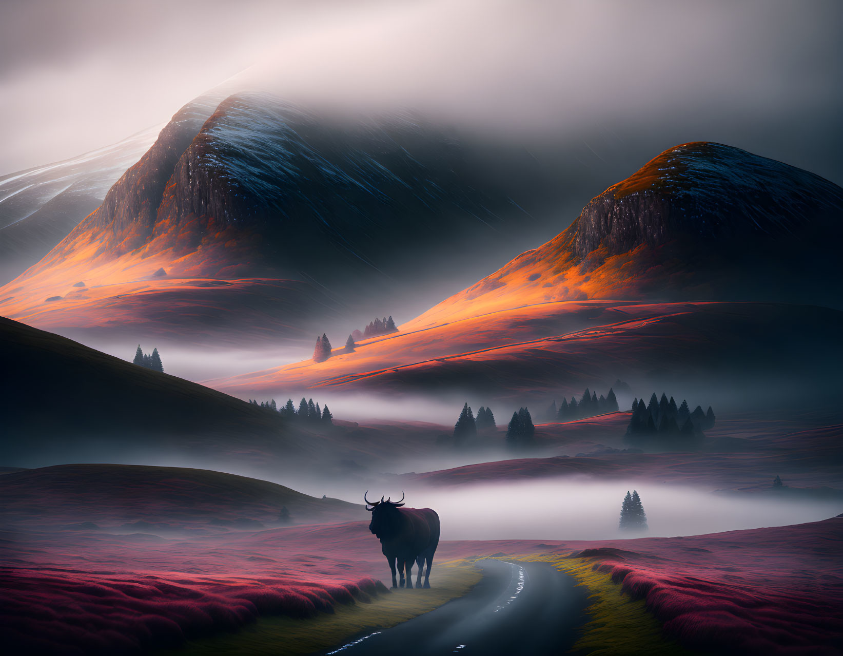 Majestic bull on winding road in surreal landscape with stormy sky