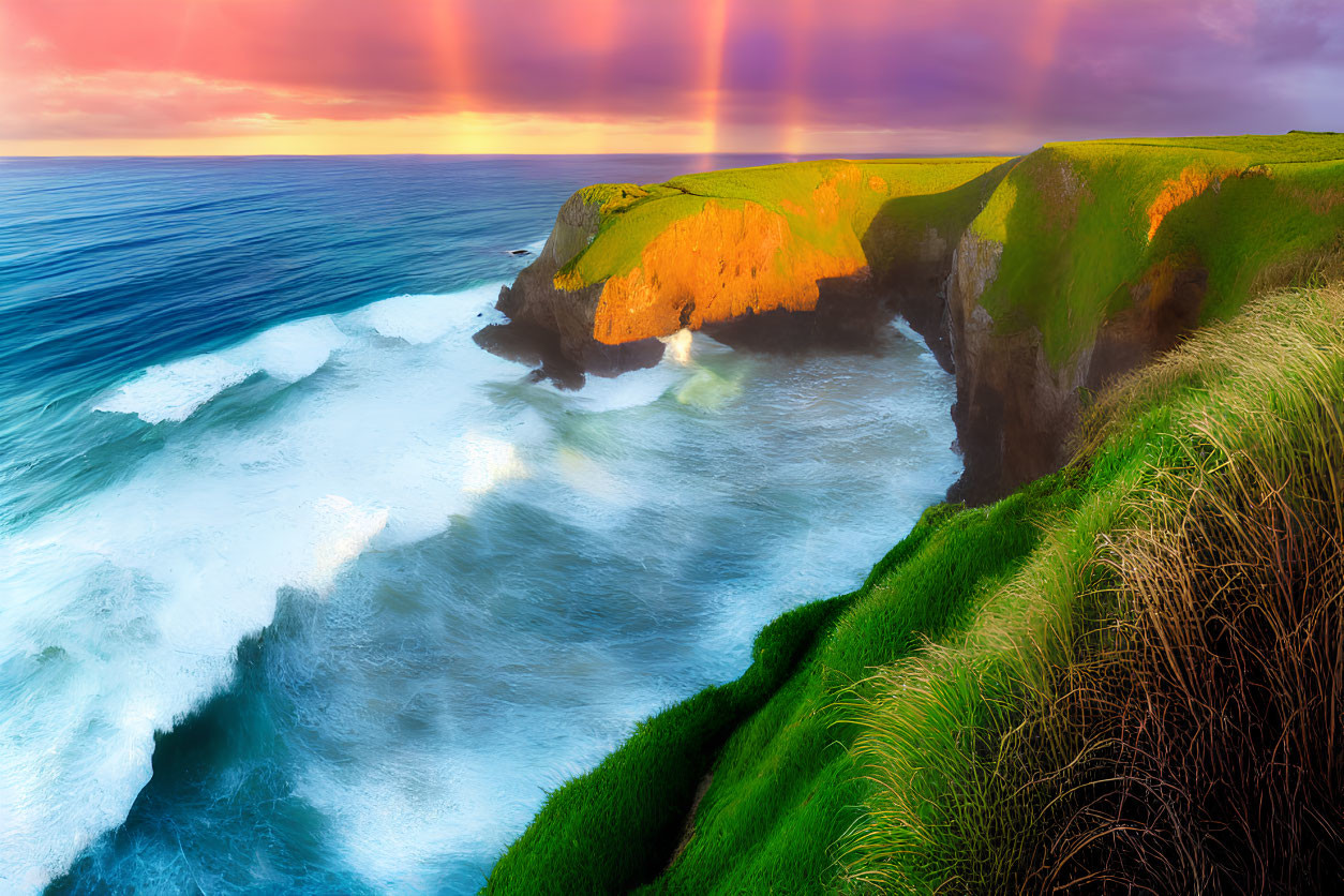 Scenic coastal view: green cliffs, crashing waves, colorful sunset