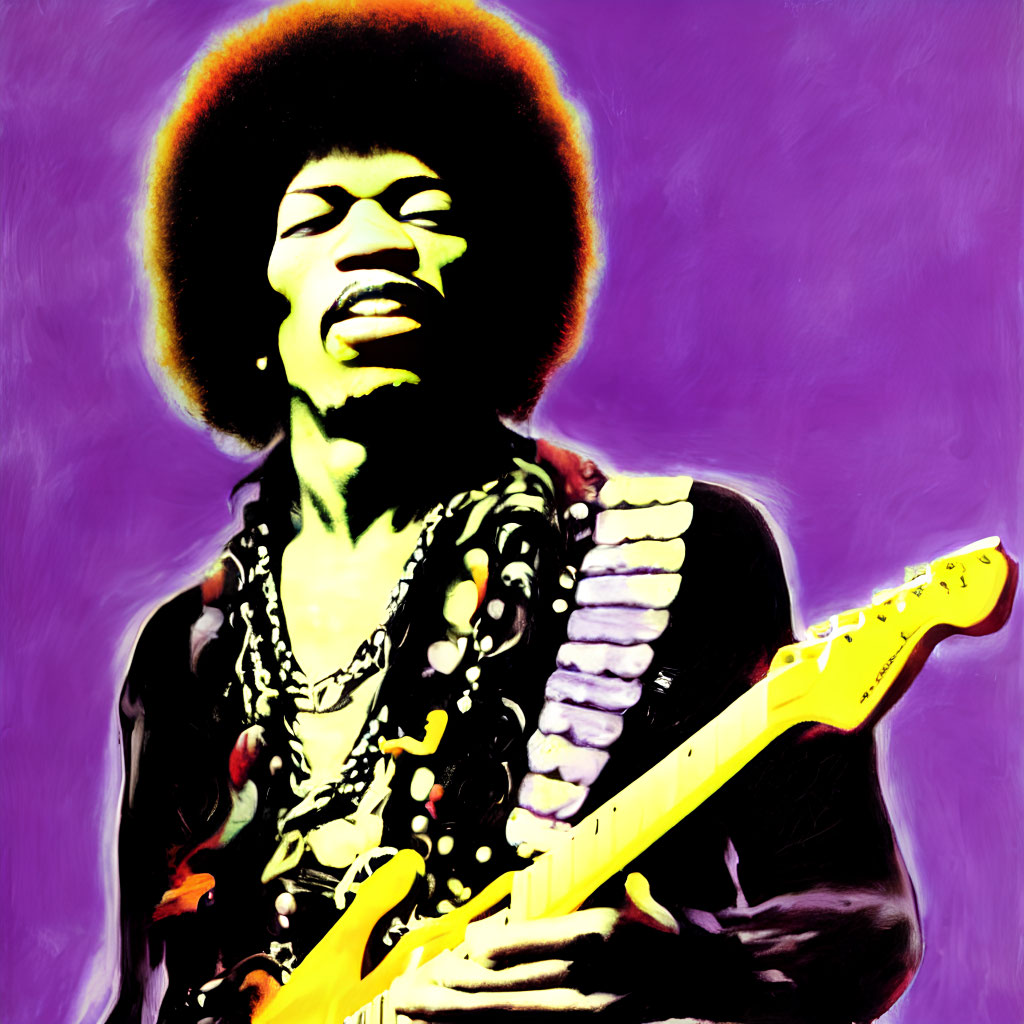 Vibrant portrait of person with afro playing guitar on purple backdrop