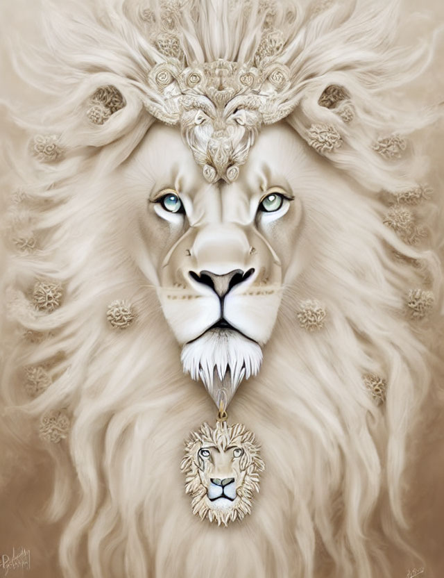 Illustration of majestic lion with blue eyes and ornate headdress