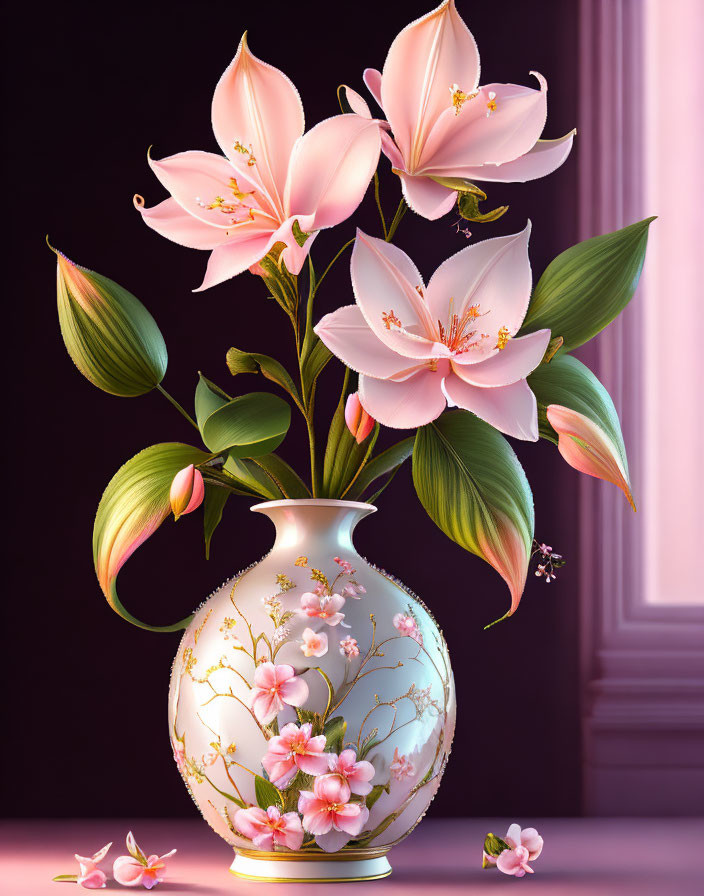 White ornate vase with pink lilies on dusky pink backdrop