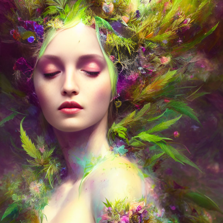 Colorful portrait of person with closed eyes surrounded by vibrant flowers and foliage