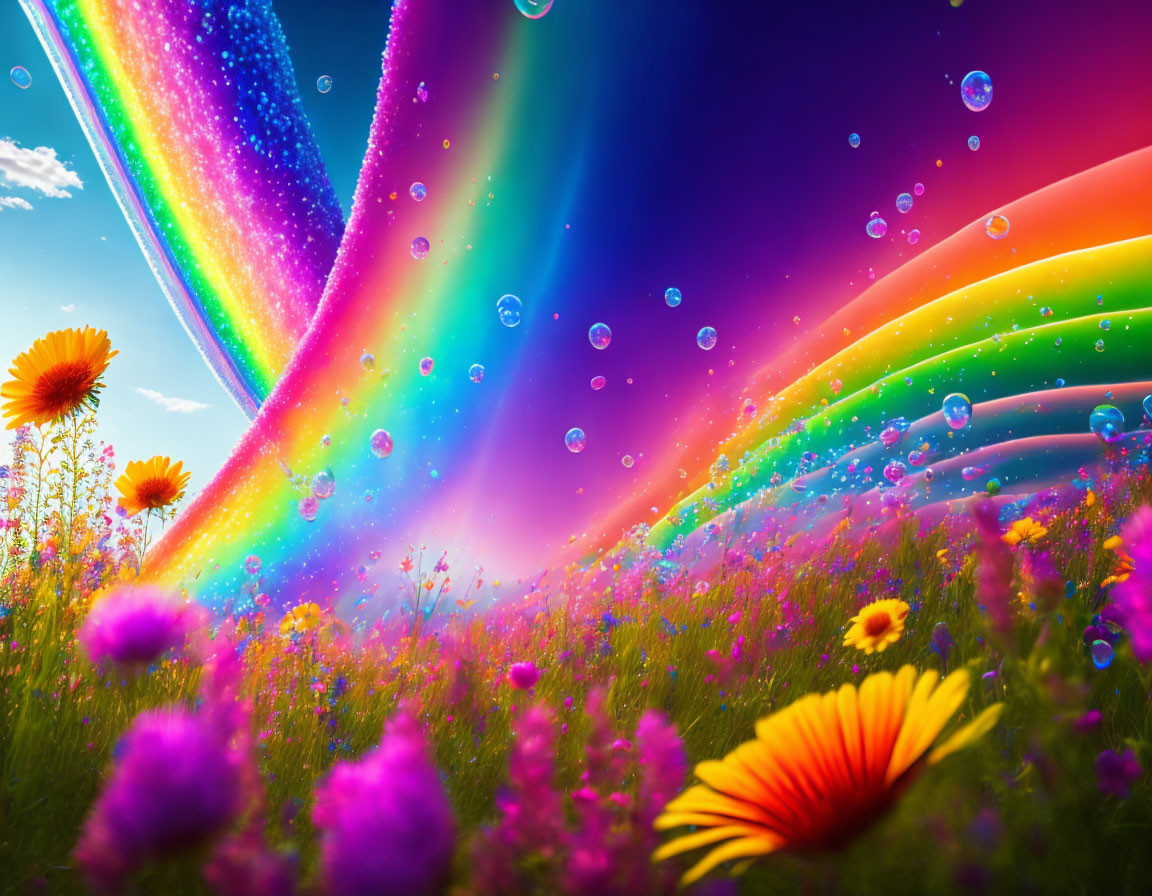 Colorful Rainbow and Glittering Bubbles Over Blooming Meadow