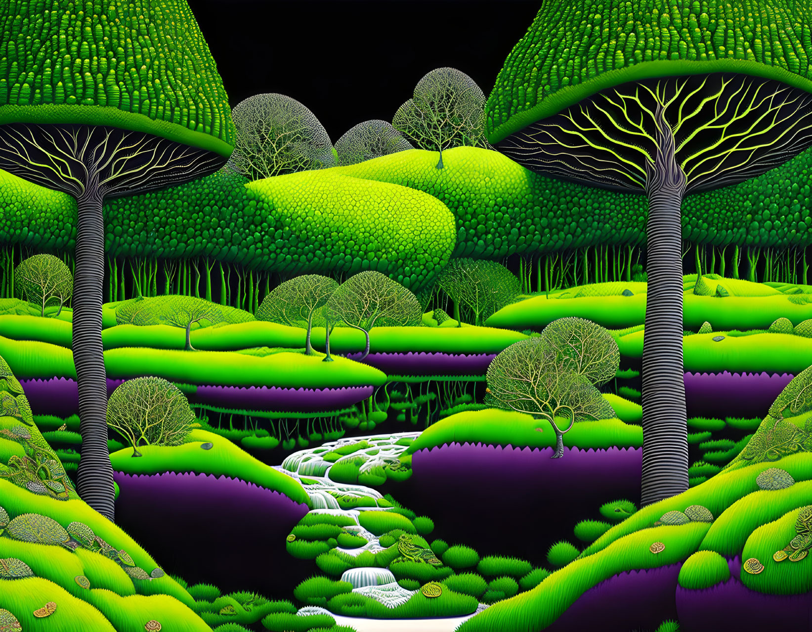 Fantastical Landscape with Luminescent Green Foliage and Whimsical Trees