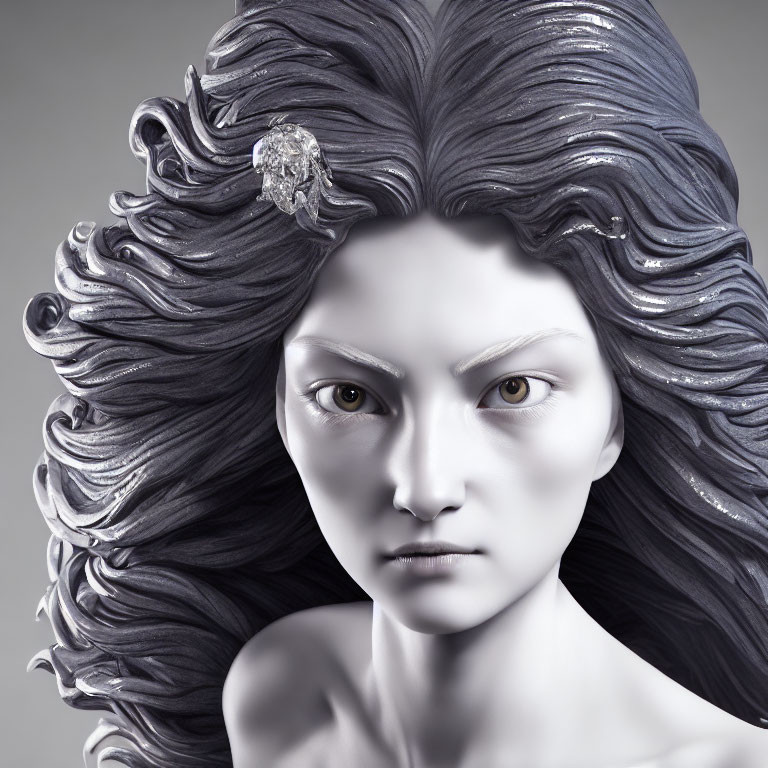 Pale-skinned woman with yellow eyes and silver hair in 3D rendering