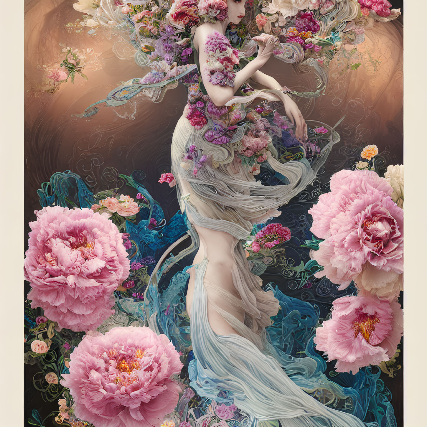 Stylized image of woman in flowing drapery with oversized peony flowers