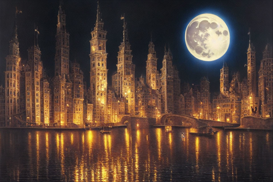 Historical buildings illuminated by moonlight along a river at night