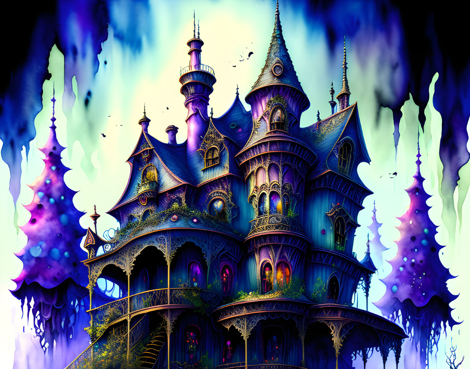 Whimsical violet castle in colorful forest scenery