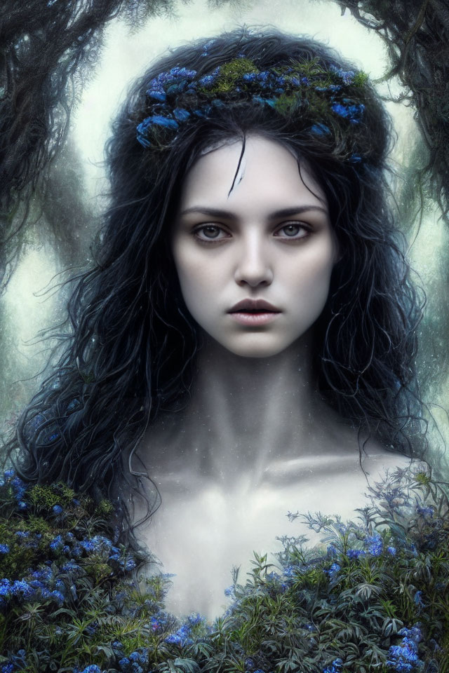 Dark-haired woman with blue flowers in misty forest.