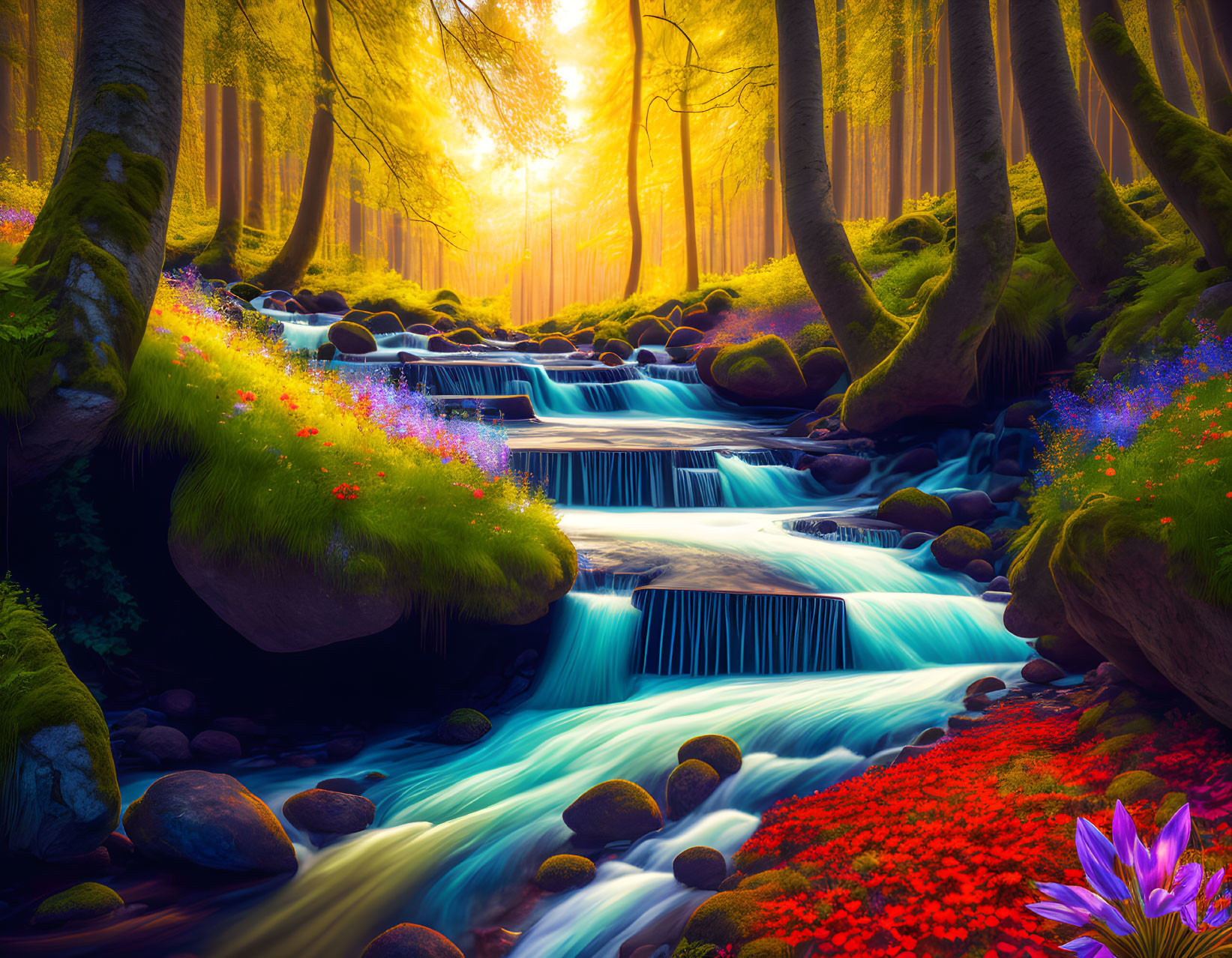 Colorful woodland scene with moss-covered trees and cascading stream at sunrise