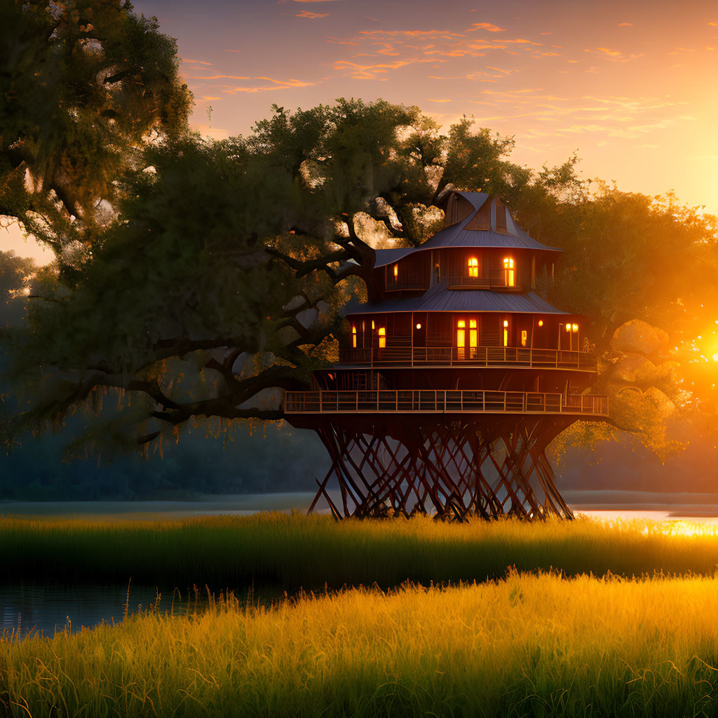 Treehouse on Stilts Among Trees at Sunset with Wetlands