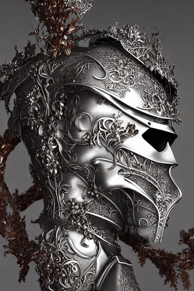 Detailed Metallic Knight's Helmet with Floral Motifs and Bronze Branches