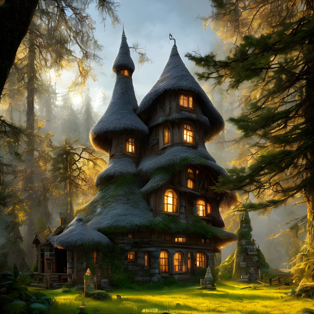 Enchanted forest fairytale cottage with moss-covered stone walls and thatched roofs.