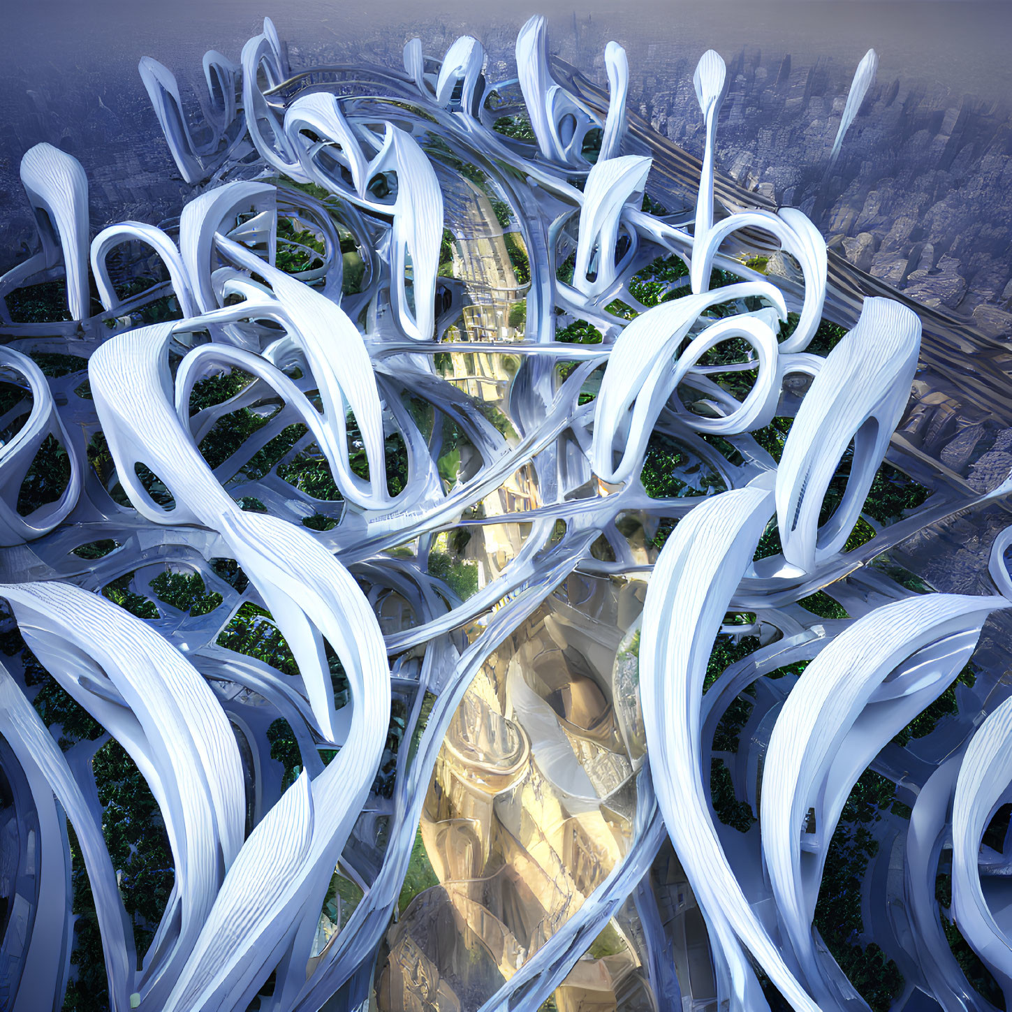 Futuristic cityscape with white skyscrapers and greenery in traditional urban setting