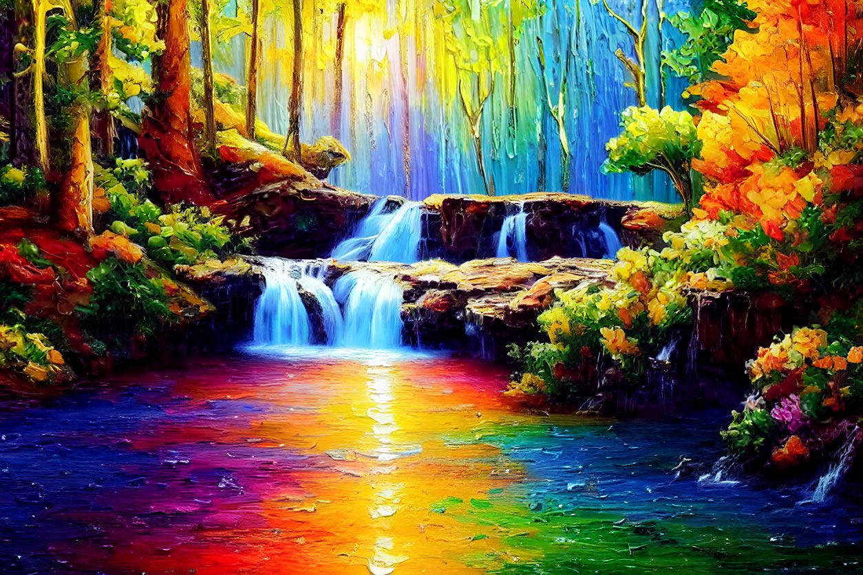 Colorful forest waterfall painting with sunlight reflections