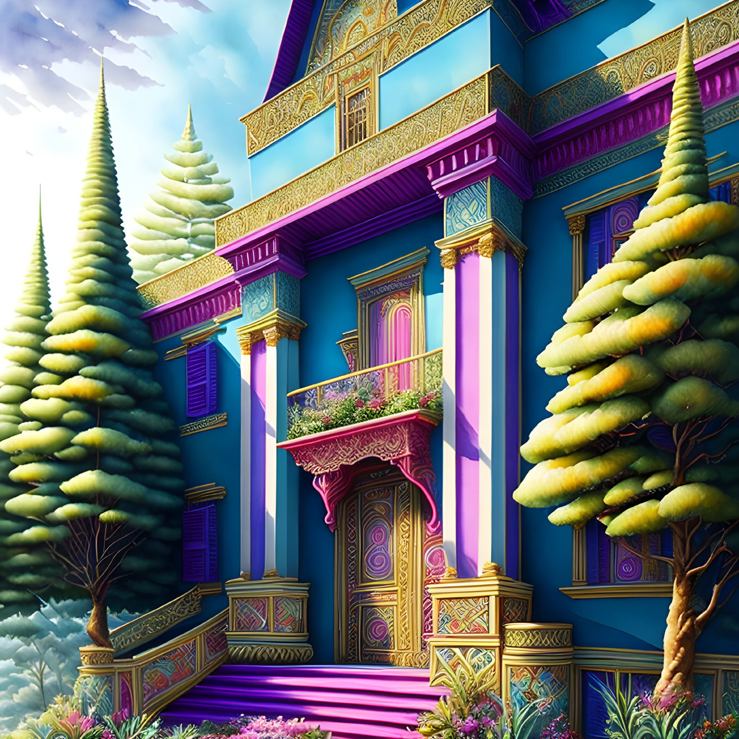 Fantastical building illustration with golden patterns and lush green surroundings