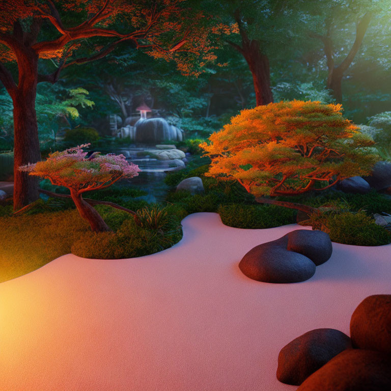 Tranquil Zen Garden with Maple Trees and Waterfall