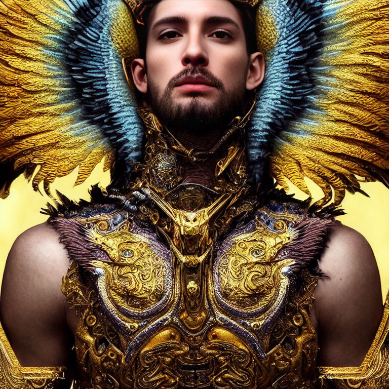 Golden and Blue Feathered Costume with Elaborate Bird-Inspired Details