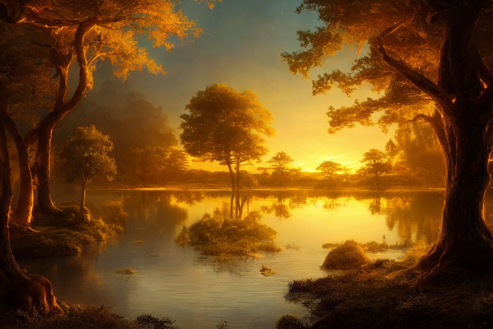 Ethereal forest scene with golden sunlight and tranquil lake