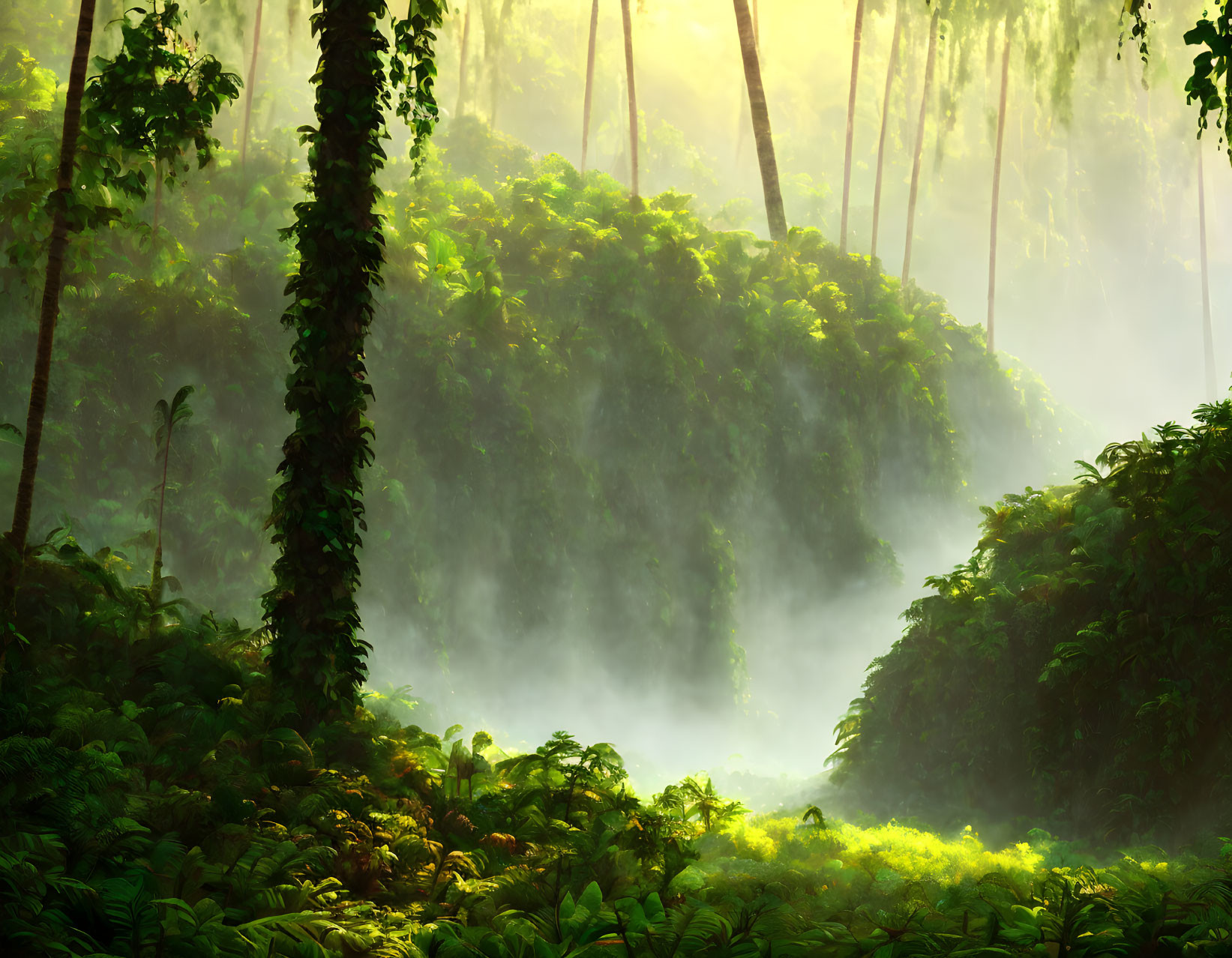 Misty forest with lush green foliage and towering trees