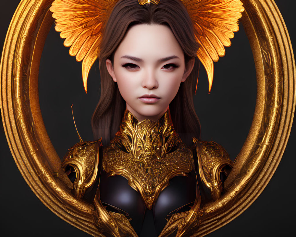 Digital artwork of woman in golden crown and armor with halo on dark background