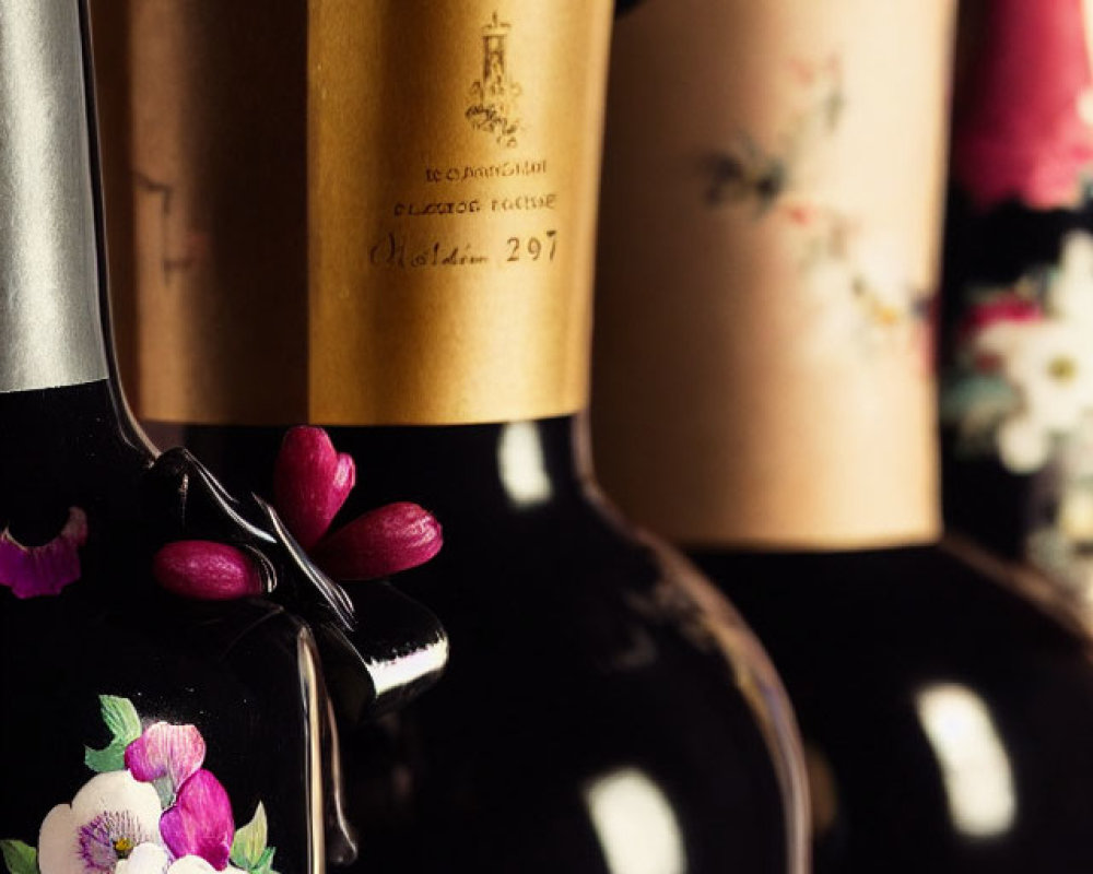 Various Wine Bottles Featuring Floral Patterns on Labels