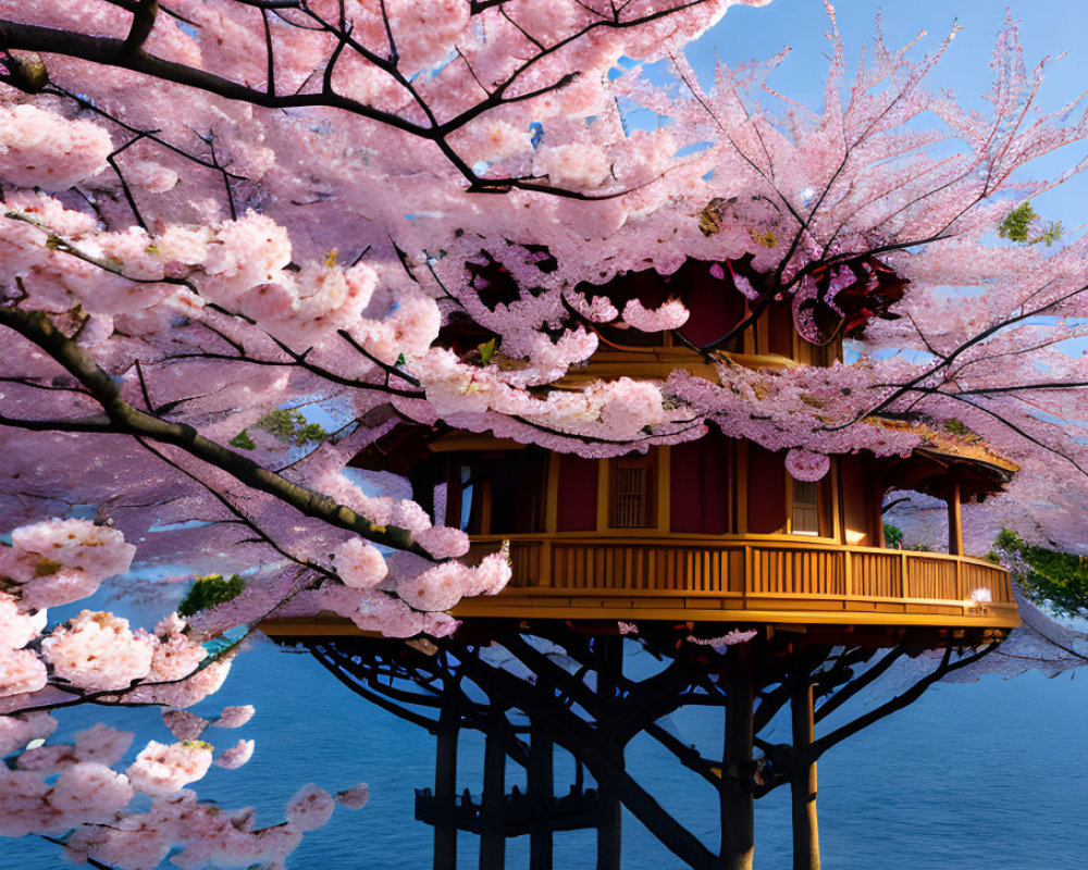 Traditional Japanese pagoda with cherry blossoms over water