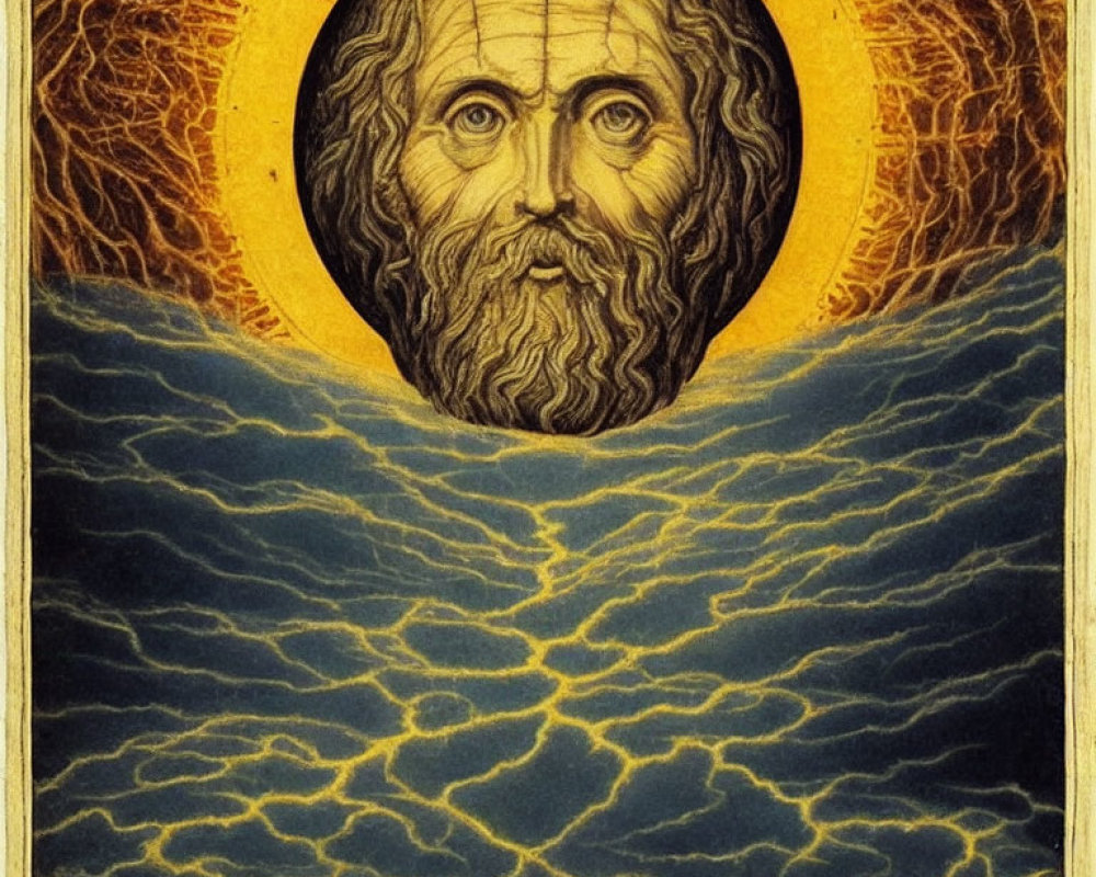 Bearded man's face in golden halo above electrified sea waves