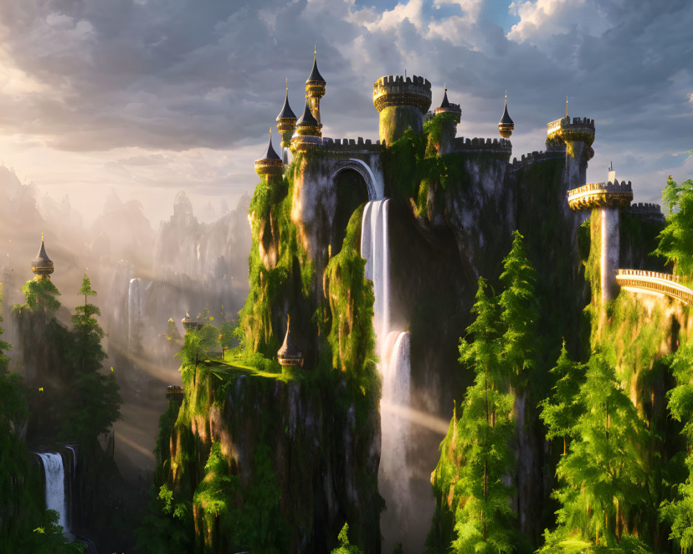 Majestic castle on steep cliffs with waterfalls and lush greenery