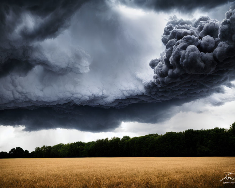 Dramatic storm cloud over golden wheat field and dark forest horizon