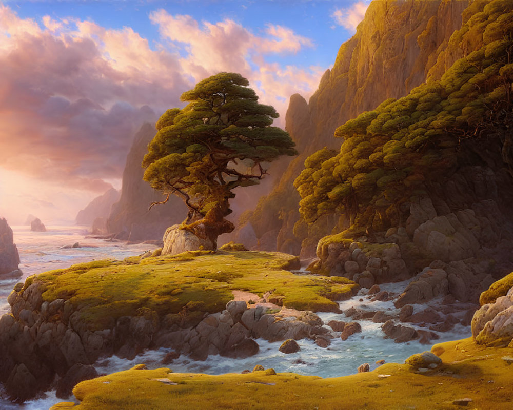 Majestic tree on mossy cliff in serene landscape