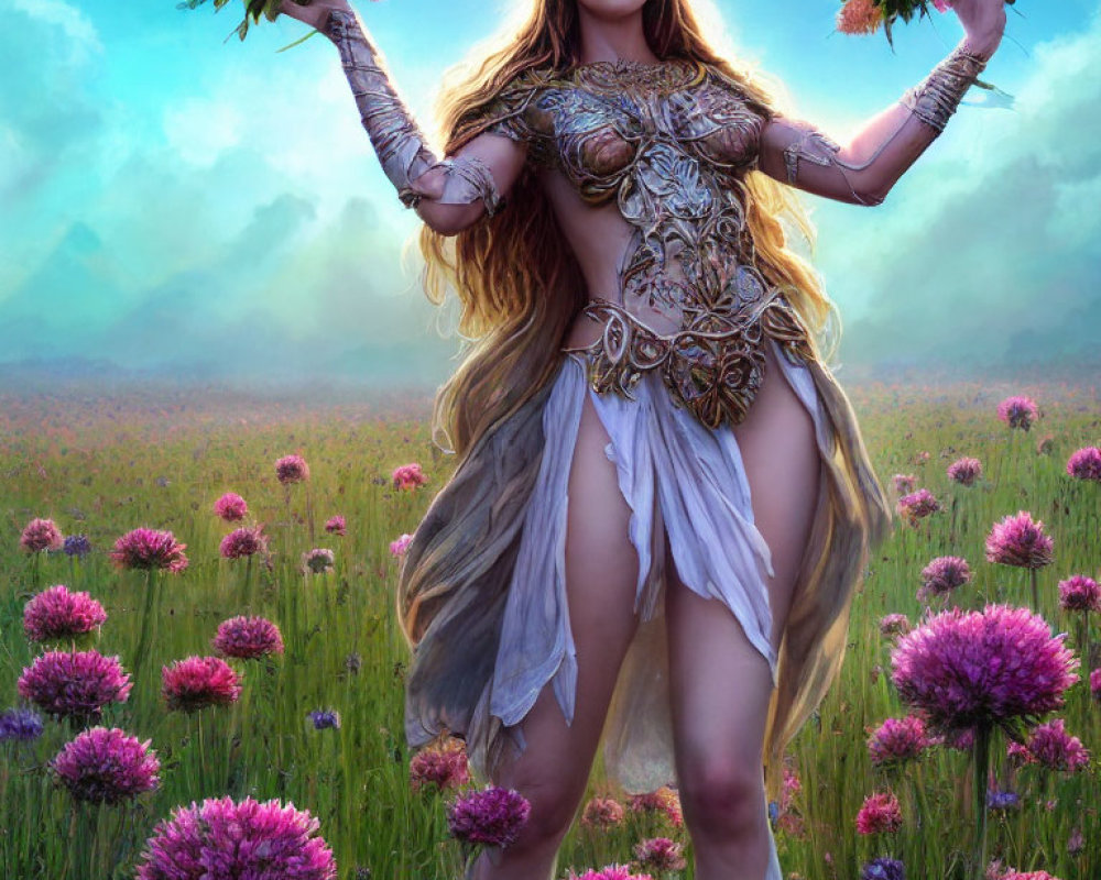 Fantasy warrior woman in elaborate armor in vibrant flower field