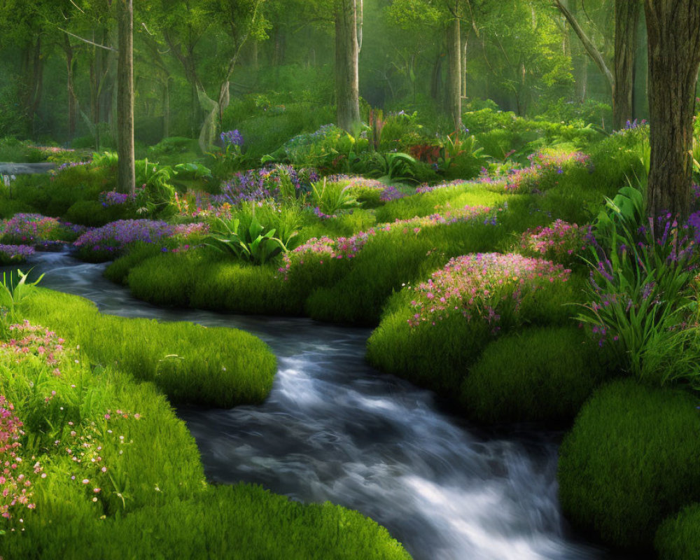 Tranquil forest stream in lush greenery with wildflowers