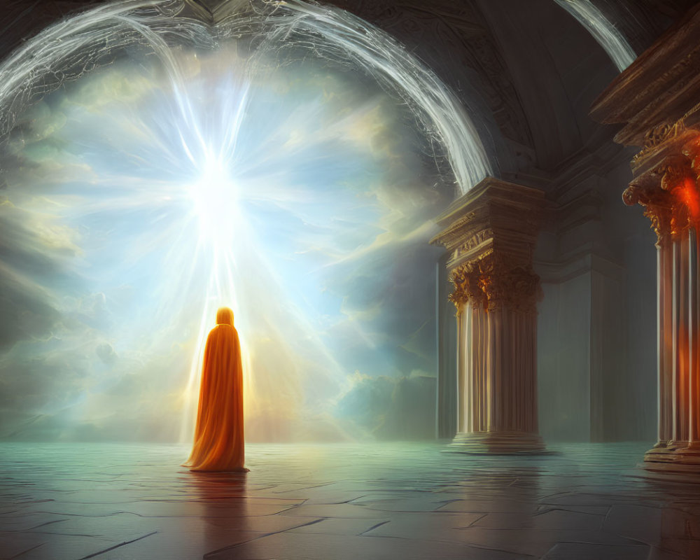 Robed Figure in Classical Hall with Ethereal Light Burst