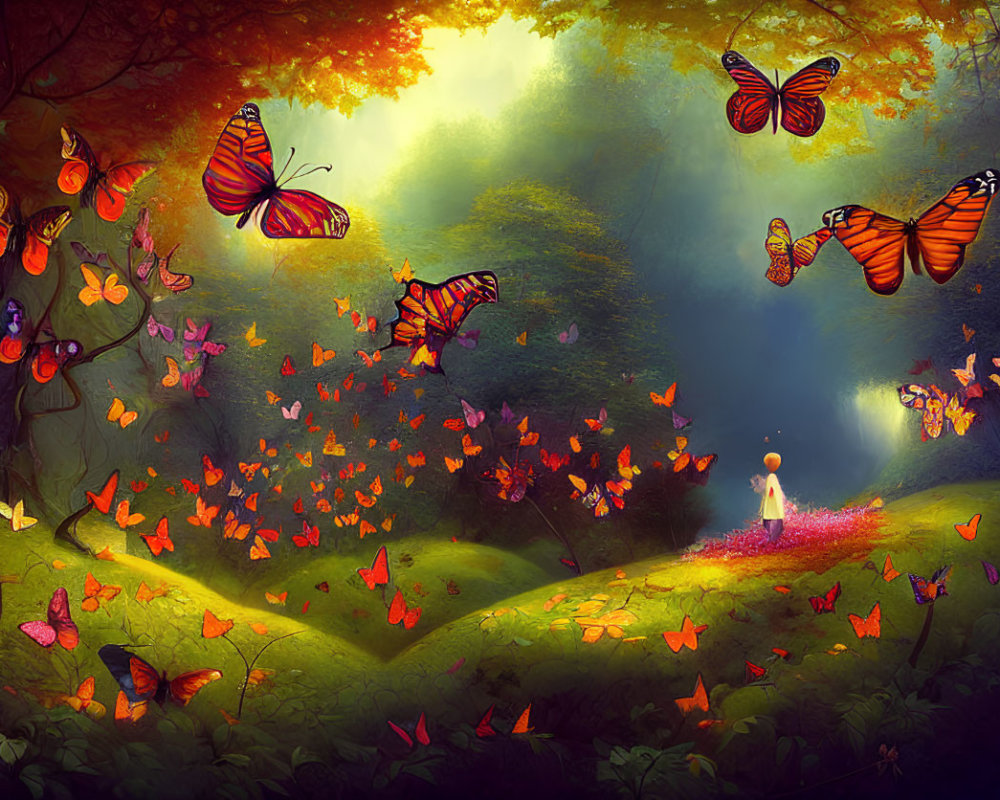 Colorful Butterflies in Whimsical Forest Setting