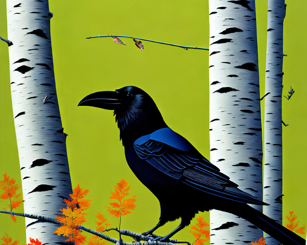 Detailed illustration of black raven on birch branch with orange leaves