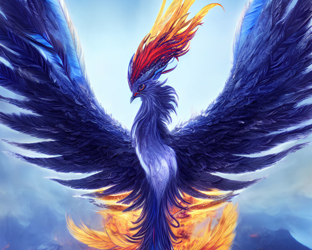 Majestic phoenix soaring with blue and fiery plumage against mountain backdrop