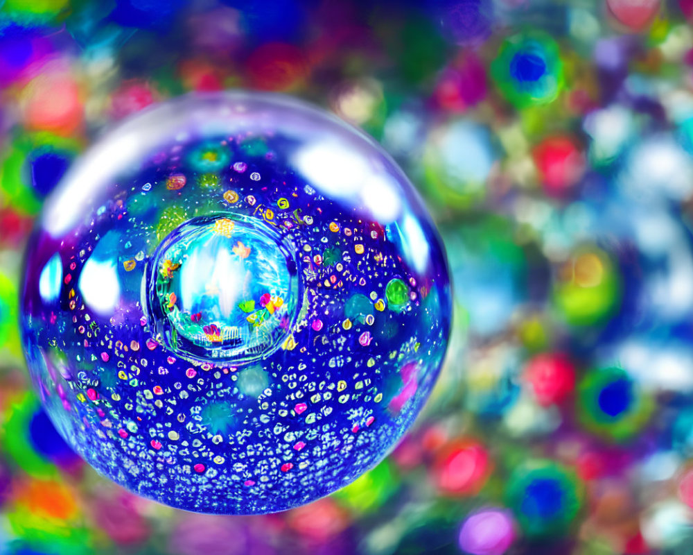 Colorful soap bubble close-up with iridescent colors and water droplets on bokeh background