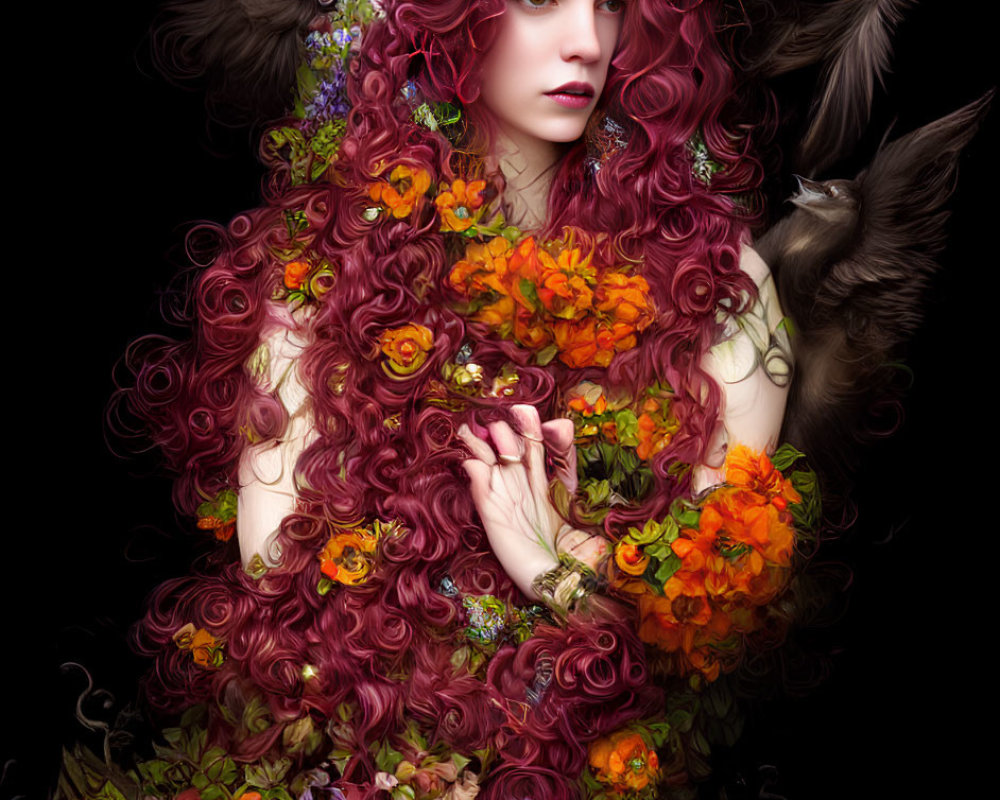 Elaborate Curly Red Hair Portrait with Floral Crown on Black Background