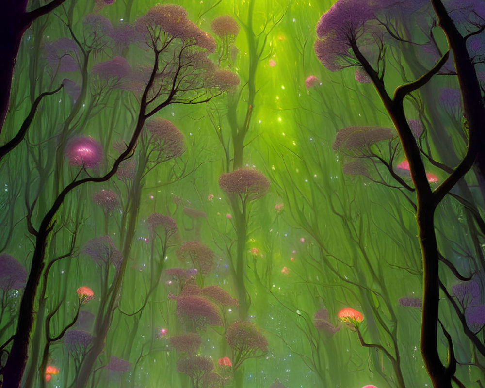 Child exploring vibrant forest with glowing mushrooms and mystical green light