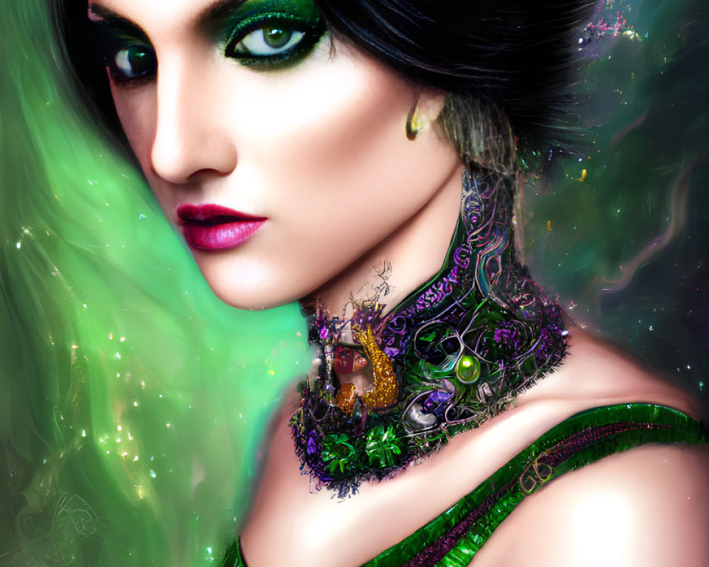 Digital portrait of a woman with green eyes and jewel-encrusted neckpiece against cosmic background