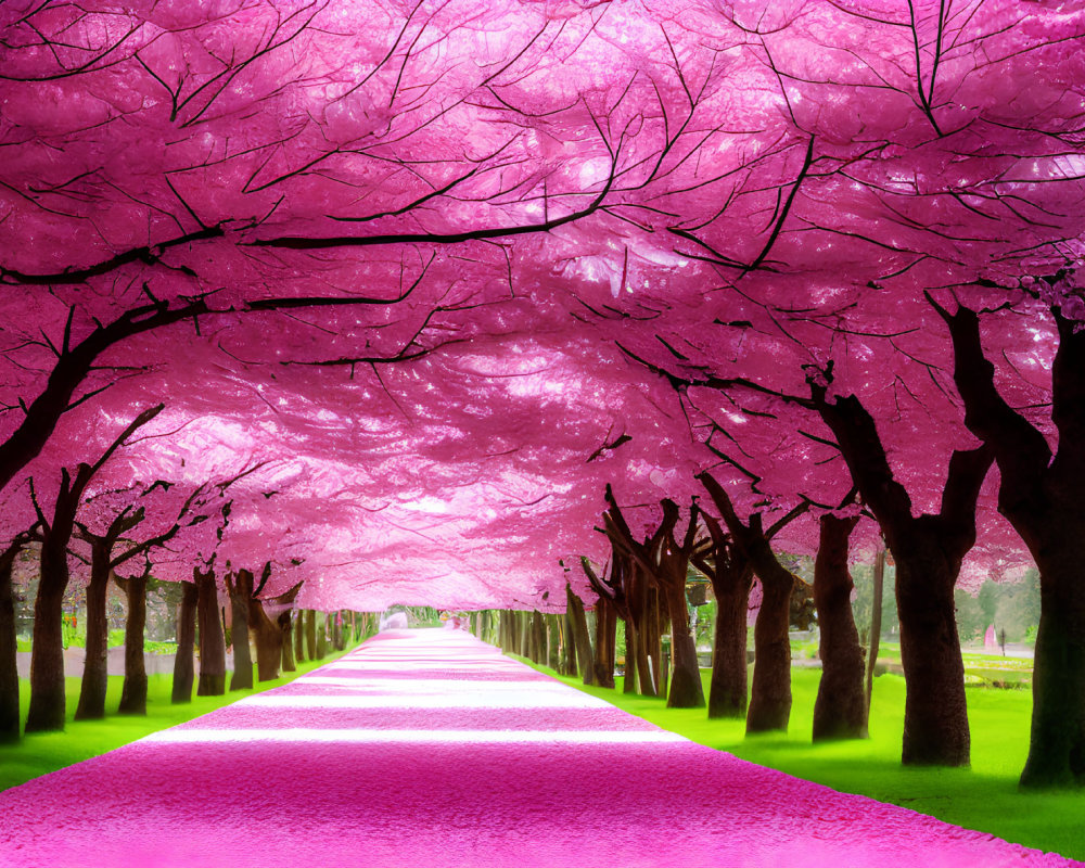 Pink Cherry Blossom Trees Create Vibrant Canopy Over Path