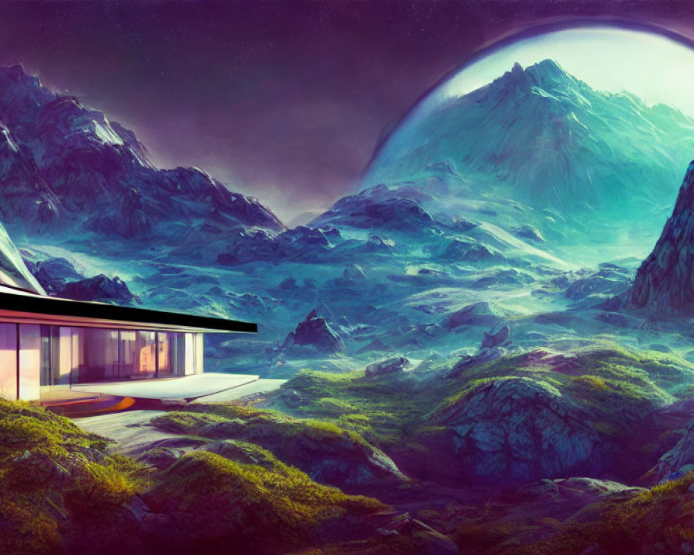 Futuristic house on alien world with large windows, rugged terrain, and towering mountain under huge planet